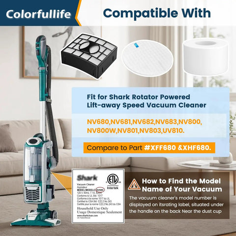 Allergen Ready Vacuum Filter Replacement For Rotator DuoClean Powered Lift Away Speed Vacuum with NV models, filter parts XHF680 XFF680 displayed.