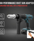 Electric Rivet Gun Adapter Kit With Removable Handle And Four Interchangeable Rivet Heads For Cordless Drills, close-up of adapter on drill.