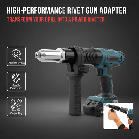 Electric Rivet Gun Adapter Kit With Removable Handle And Four Interchangeable Rivet Heads For Cordless Drills, close-up of adapter on drill.