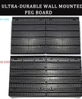 Ultra-durable wall mounted peg board shown front and back, ideal for organizing tools in garage. Wall Mounted Garage Storage Bins Organizer Rack With 30 Bins In Four Colors ABS Plastic For Screws And Small Parts Includes 12 Large Black Bins And 6 Orange 6 Blue 6 Red Small Bins Ideal Tool Organizer For Home Workshop And Garage.