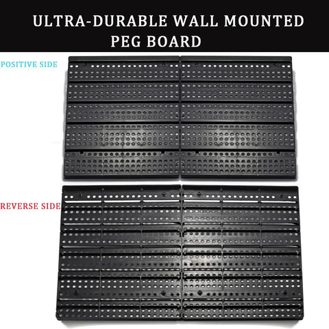 Ultra-durable wall mounted peg board shown front and back, ideal for organizing tools in garage. Wall Mounted Garage Storage Bins Organizer Rack With 30 Bins In Four Colors ABS Plastic For Screws And Small Parts Includes 12 Large Black Bins And 6 Orange 6 Blue 6 Red Small Bins Ideal Tool Organizer For Home Workshop And Garage.