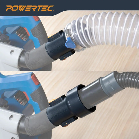 Dust Collection Fitting With Quick Change Adapter For Shop Vacuum Hoses And Fittings Universal Fit From Two And A Half Inches To One And A Half Inches Quick Connector No Fuss Versatile Vacuum Tool Adapter shown connected to hoses.
