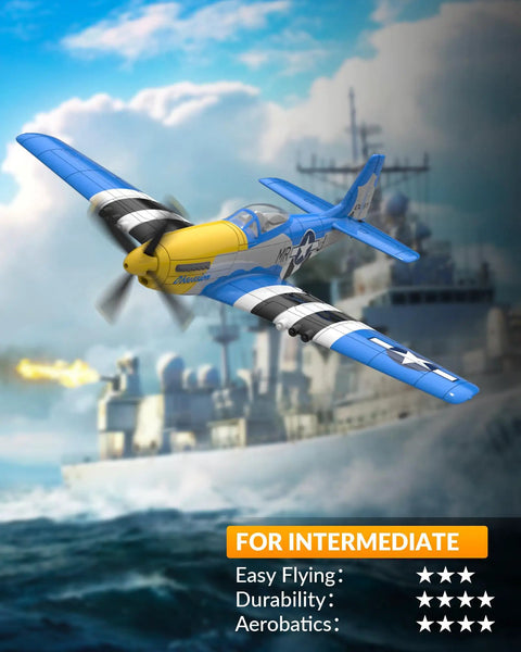 Beginner Friendly RC Plane With Gyro Stabilizer And Powerful Motor For Adults And Kids P51D Mustang 4 Channel 2 4GHz Remote Control Aircraft Ready To Fly Blue, flying over a battleship backdrop