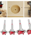 Kickin Out Flawless Holes With Zero Sweat From This Top Shelf Five Piece Forstner Drill Bit Set Featuring Adjustable Pilot Guide For Smooth Hinge Boring On Hardwood, showcasing drill bits and hinge detail.