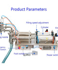Double Head Pneumatic Liquid Filling Machine With Stainless Steel Body Featuring Auto And Manual Controls Plus A Snappy Foot Switch Gliding Smooth Through Bottle Filling For Oils Or Liquids In One Hundred To One Thousand Milliliter Range, showcasing components like filling nozzle and foot switch.