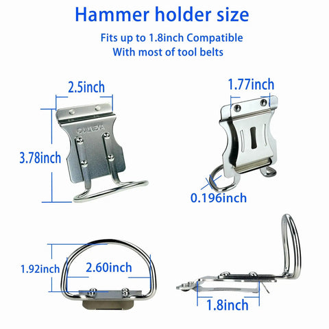 Dimensions of Built To Last Stainless Steel Hammer Holster for Tool Belts, including 2.6 inch hammer loop and belt clip.