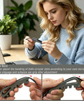 Woman using All In One Eyeglass Frame Adjustment Tool for DIY Glasses Repair Curvature Bender to adjust temple arms of glasses.
