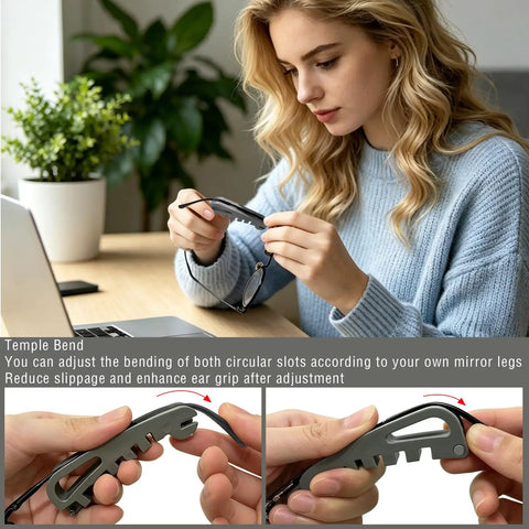 Woman using All In One Eyeglass Frame Adjustment Tool for DIY Glasses Repair Curvature Bender to adjust temple arms of glasses.
