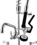 Commercial Sink Faucet With Sprayer And Pre Rinse, 8 Inch Center Deck Mount, 25 Inch Tall Restaurant Kitchen Faucet In Polished Chrome