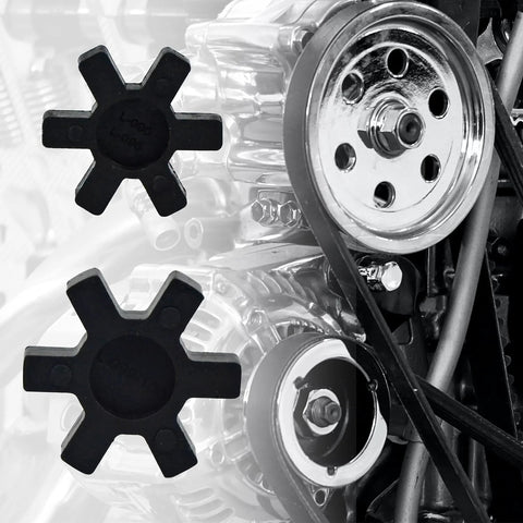 Close-up of two black NBR rubber spider inserts for L-jaw coupler L090/L095; solid center.