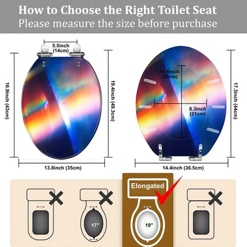Diagram for measuring an Elongated Toilet Seat Soft Close for Bathroom, dimensions 16.9" x 19.4" shown.