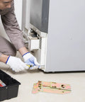 Technician replacing freezer hinges; Two Sets Chest Freezer Door Hinges With Spring And Iron Outer Shell for commercial freezers.