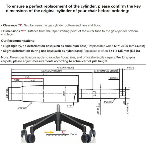 Office Chair Gas Lift Replacement Cylinder With Class 4 TUV Certification Beefed Up Heavy Duty Piston 4.4 Inch Stroke diagram