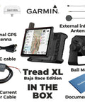 Garmin Tread XL Baja Race Edition Off Road Navigator Pack with accessories including antennas, cables, mount, and documentation.