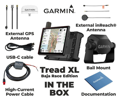 Garmin Tread XL Baja Race Edition Off Road Navigator Pack with accessories including antennas, cables, mount, and documentation.