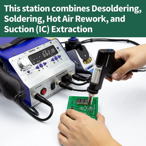 Person using Do It All Four In One Soldering And Desoldering Kit With Hot Air Rework, Soldering Iron, Desoldering Gun And Suction Pen