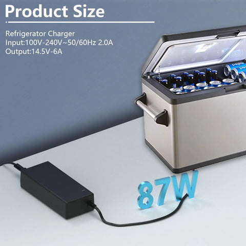 14.5 Volt Ac Dc Power Cord Kit For Portable Car Refrigerator Freezer Cooler With Extended Charging Cable connected to a cooler.