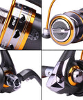 Close-up of Smooth As Butter Spinning Fishing Reel With 11BB Bearing System And 5.2 To 1 Gear showcasing aluminum spool and handle.