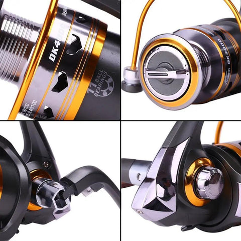 Close-up of Smooth As Butter Spinning Fishing Reel With 11BB Bearing System And 5.2 To 1 Gear showcasing aluminum spool and handle.