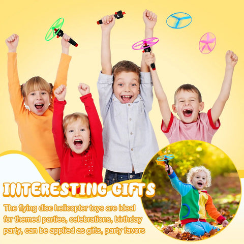 Kids joyfully playing with Disk Helicopter Toy Set With 12 String Launchers And 24 Flying Saucers For Outdoor Fun