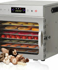 Eight Tray Food Dehydrator With Precise Digital Timer And Temperature Control High Speed Airflow Design, stainless steel, showing dried fruits.