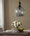 Ginormous Mouth Blown Glass Pendant Light Fixture over dining table, 13 Inch Clear Globe Shade, Handmade Recycled Glass, 21 Inch Height.