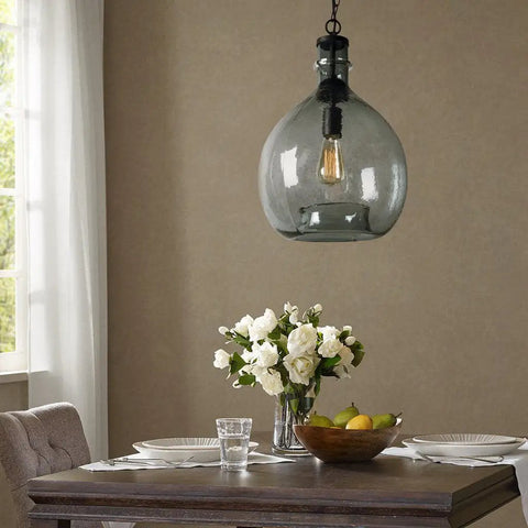 Ginormous Mouth Blown Glass Pendant Light Fixture over dining table, 13 Inch Clear Globe Shade, Handmade Recycled Glass, 21 Inch Height.