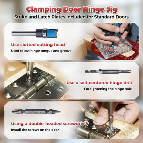 Adjustable Aluminum Door Hinge Mortise Jig Kit With Dual Clamps, slotted cutting head, hinge drill, screwdriver usage