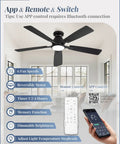 Smart Flush Mount 52 Inch Ceiling Fan With Lights Remote App Wall Switch Control displayed with remote and app interface