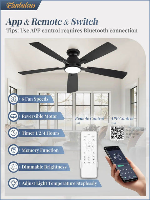 Smart Flush Mount 52 Inch Ceiling Fan With Lights Remote App Wall Switch Control displayed with remote and app interface