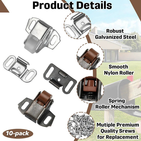 10 Pack Mailbox Replacement Roller Catch Latches With Screws For Door And Cabinet Repairs, white and brown, product details