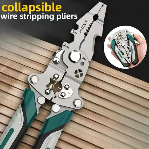 Kick Ass Heavy Duty Foldable Wire Stripping Pliers With Precision Electrical Crimping And Sharp Cutting Blades shown open on wooden surface.