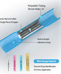 Heat Shrink Butt Connectors Kit 200 Pieces For AWG 24 Wire 4 Sizes Insulated Waterproof Electrical Marine And Automotive Crimp Terminals With Pro Grade Heavy Duty Copper Barrels For Secure Low Resistance Connections, blue connector cutaway