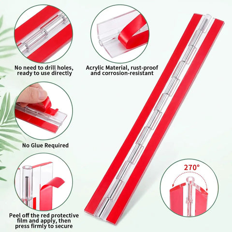Built Rugged 4 Piece Self Adhesive Acrylic Piano Hinge Set Continuous Door Clip Heavy Duty Cabinet Hardware with red adhesive tape.