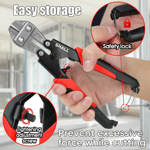 Beefy 3 Piece Bolt Cutter Set With 14 Inch Heavy Duty Bolt Cutter 8 Inch Mini Cutter And 8 Inch Wire Rope Cutter Ergonomic Handles For Easy Leverage When Cutting Locks Chains Iron Wire Carrying Case Included showing safety lock