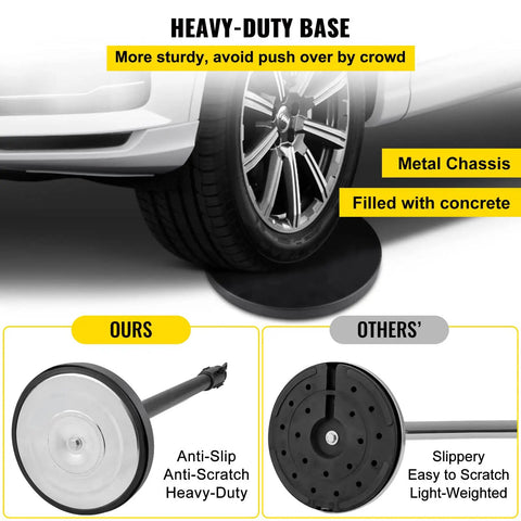 Heavy-duty base durability test for Four Piece Pro Grade Crowd Control Stanchion Set With 6.6 Ft Retractable Belt Black Barrier