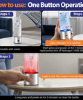 Hydrogen Water Bottle Generator On The Go Portable Rechargeable Ionizer With SPE PEM Technology showing one-button operation steps