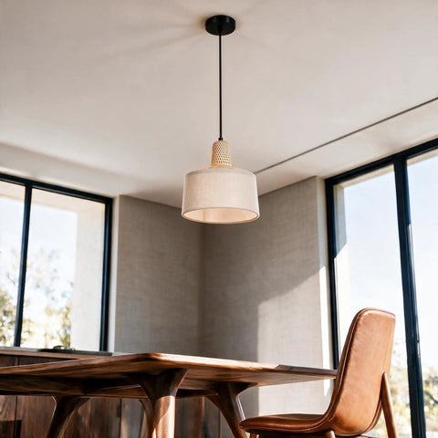 milaruoro Pendant Light with Bamboo and Fabric Shade, Black Hanging Light Fixture for Kitchen Island, Modern Farmhouse Lighting for Dining Room Bedroom Living Room Hallway