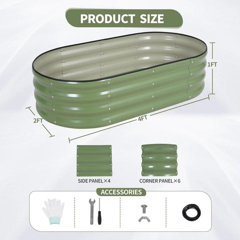 Galvanized Steel Raised Garden Beds Kit Outdoor Two Piece Planter Box Set With Gloves Safe Edge Design Easy Assembly Great For Vegetables Flowers And Herbs 4x2x1Ft Green with included accessories