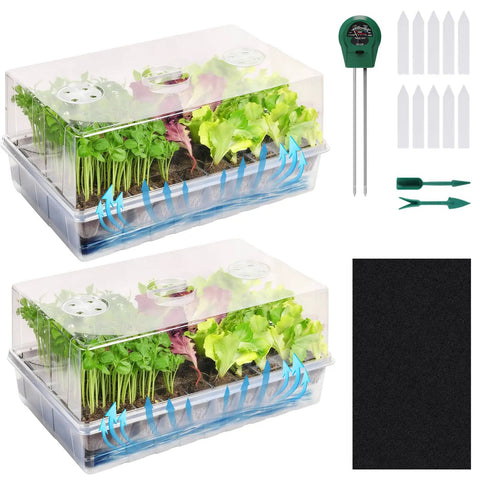 Self Watering Seed Starter Kit with 120 Cell Tray and Humidity Domes, featuring capillary mats, plant labels, and temperature meter.
