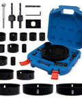 METOTY 22-piece hole saw set in blue case; high-carbon steel hole saws from 3/4" to 6" with arbors and accessories