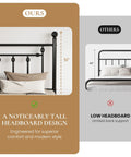 Comparison of Queen Metal Platform Bed Frame Featuring Victorian Headboard And Footboard Extra Heavy Duty Steel Slats No Box Spring Needed Zero Squeak Sleep Rock Solid Black, tall headboard at 51 inches.