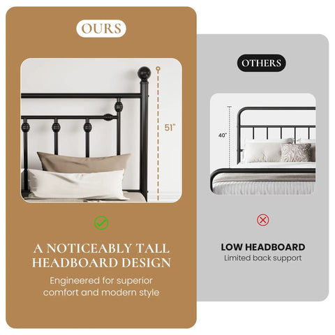 Comparison of Queen Metal Platform Bed Frame Featuring Victorian Headboard And Footboard Extra Heavy Duty Steel Slats No Box Spring Needed Zero Squeak Sleep Rock Solid Black, tall headboard at 51 inches.
