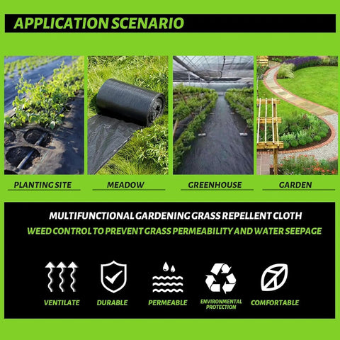 Heavy Duty 3x50ft Weed Barrier Landscape Fabric 3.2oz Geotextile Ground Cover Mat shown in various garden settings