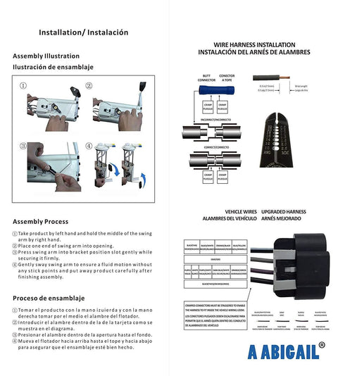 Instruction guide for installing a wire harness and assembly process, showing step-by-step illustrations and wire connection diagram.