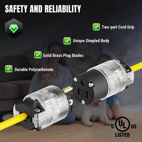 8 Piece Lighted Extension Cord End Replacements Set For NEMA 5-15P To NEMA 5-15R, 15 Amp 125 Volt, 2 Pole 3 Wire Grounding, Straight Blade, 360 Degree LED Power Indicator, DIY Friendly, UL Listed, Black cord end replacement with two-part grip