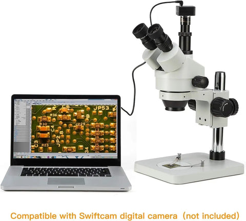 Trinocular Stereo Zoom Microscope With 56 Bulb LED Ring Light 3.5X To 90X Magnification WF10X Eyepieces 0.7X To 4.5X Zoom Objective 0.5X And 2.0X Additional Objectives Table Pillar Stand Pro Grade Lab Gear For Researchers And Gemologists with laptop display
