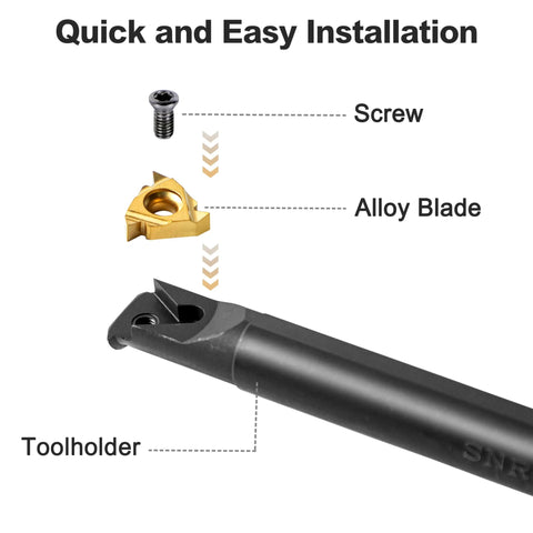 Metal lathe tool holder in black with gold carbide insert and screw