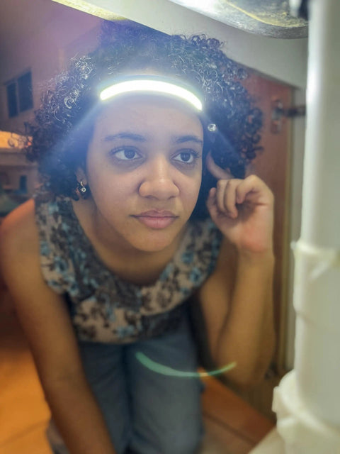 Person wearing Your Go To Rechargeable Tactical Headlamp With 230 Degree Wide Beam LED USB C Powered Motion Sensor 350 Lumens IPX4 Waterproof Hands Free Outdoor Light For Camping Hiking Running And Night Adventures indoors