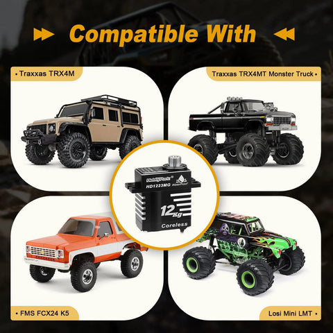 Image showing compatibility of Waterproof 12Kg High Torque Digital Steering Servo with various 1/18-scale RC crawlers and trucks.